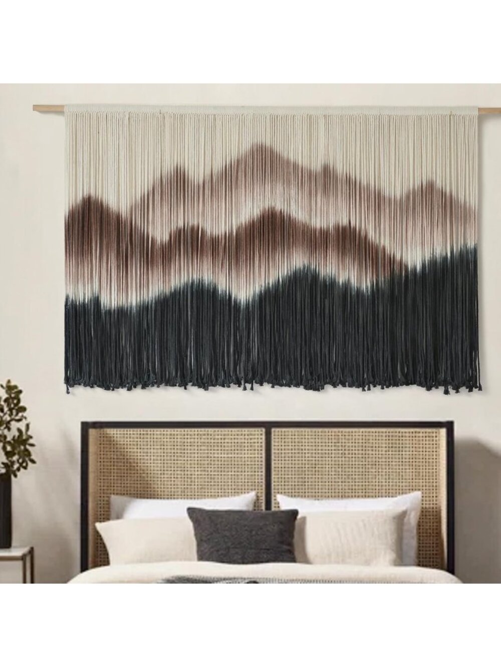 Boho Macrame Wall Hanging - Mountain Dip Dyed Brown Fiber Art Decor 57"x35